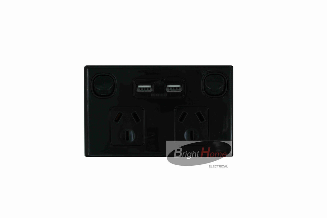 Double Power Point 10A with 2 USB port 3.1A total Black