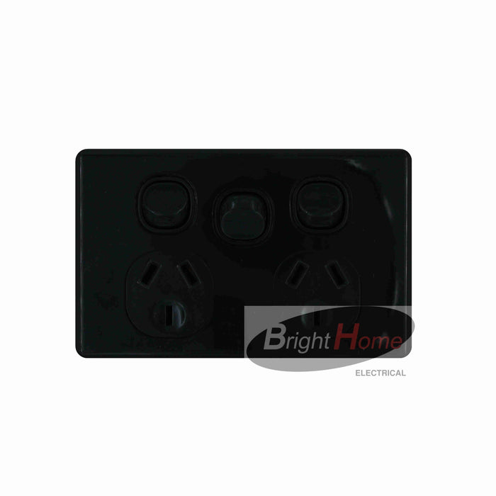 Slim Double powerpoint 10a with Extra Switch 16a (Horizontal), Black base Black cover