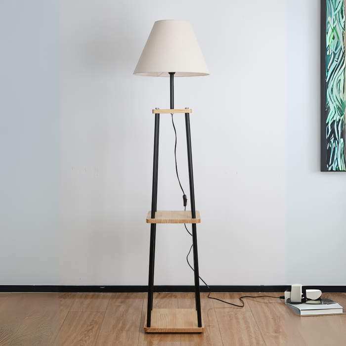 AUREST Wood & Metal Floor Lamp with Shelf – E27, 25W Max